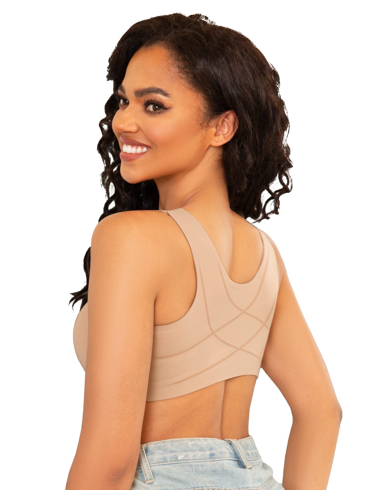 Sujetador con cierre frontal y sin varillas y soporte adicional en la