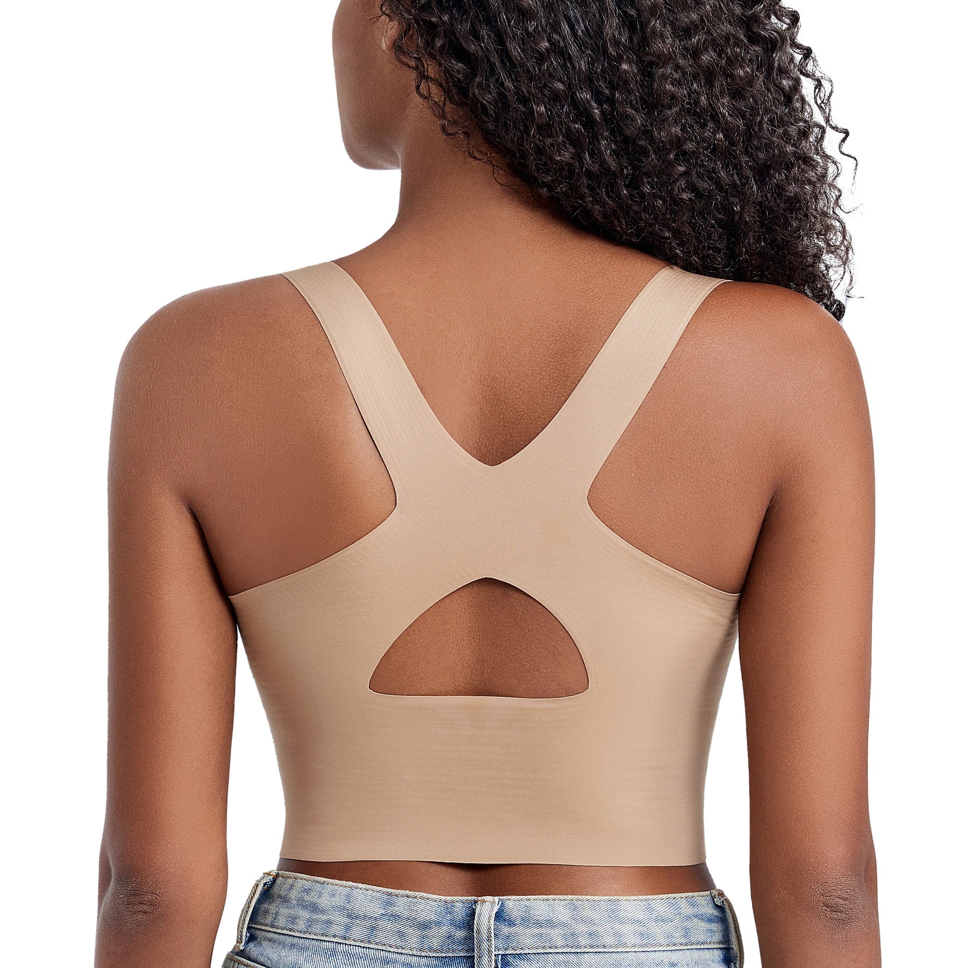 back of FallSweet Beige Sports Bras for women Wirefree Posture Bralette