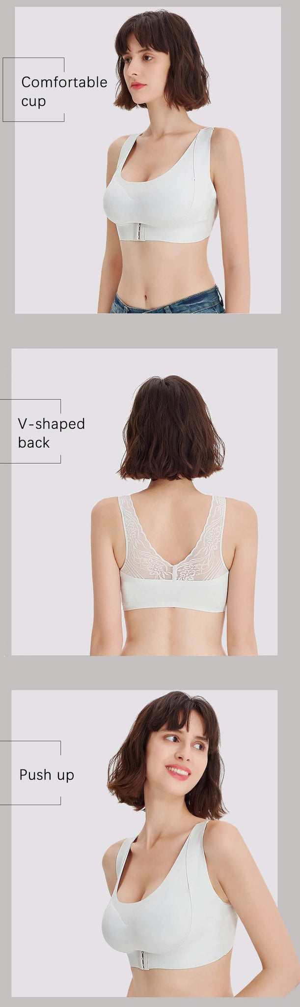 the V-shaped back front closure bra