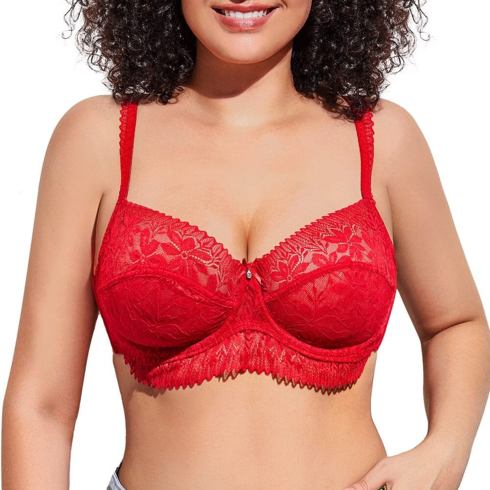 front of FallSweet Delicate Red Sheer Lace Balconette Bra