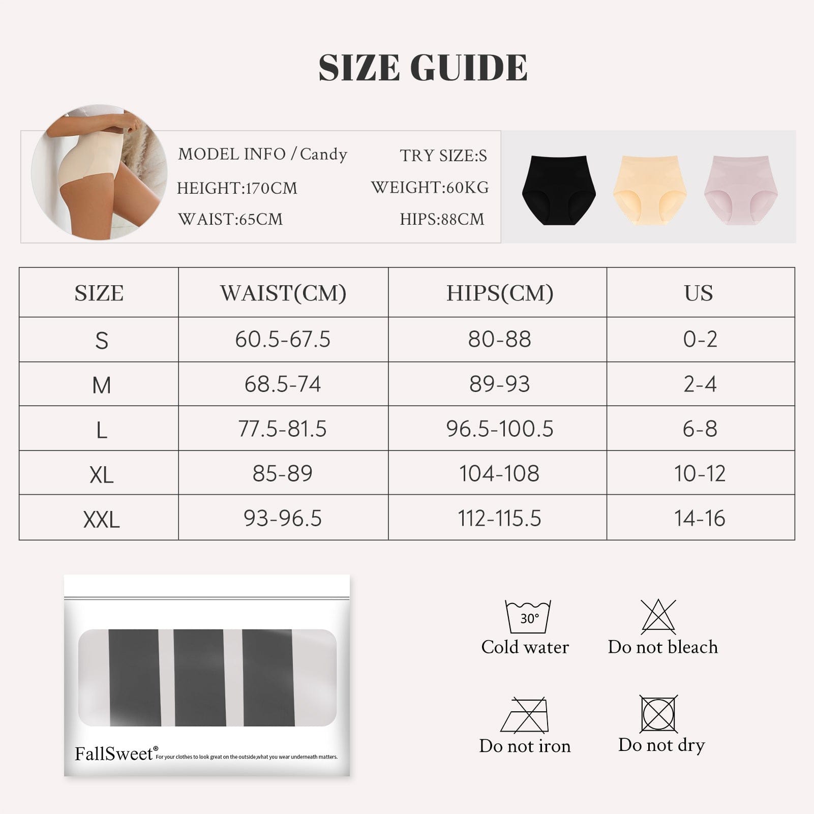 FallSweet Seamless Tummy Control High Waisted Underwear size chart