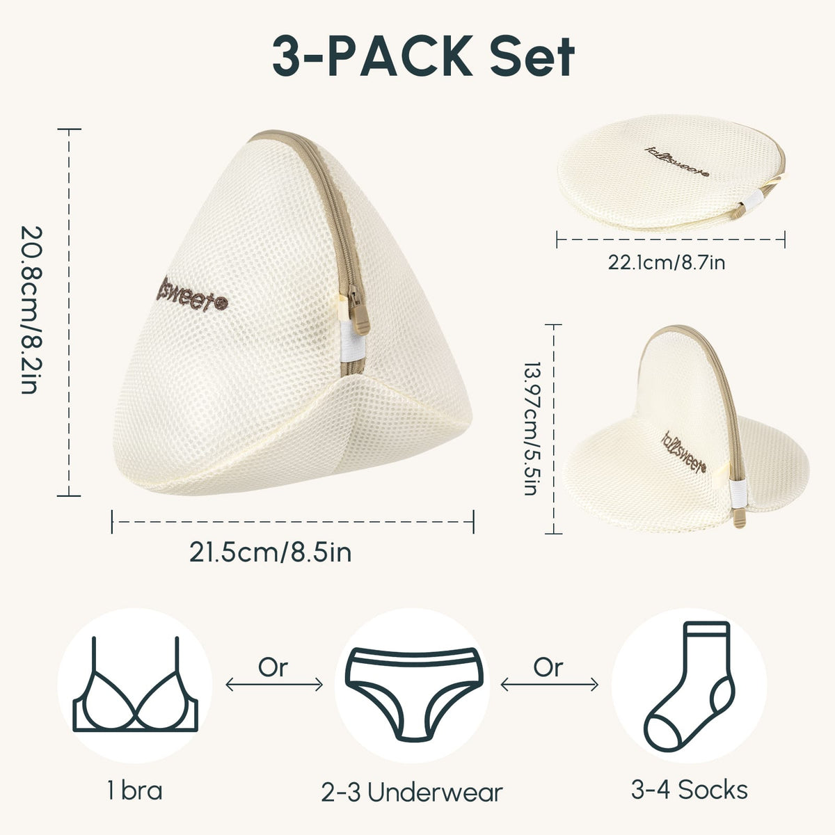 FallSweet beige FallSweet 3-Pack Mesh Laundry Bags for Delicates, Bra Laundry Bags, Reusable Wash Bags for Bras, Underwear & Socks