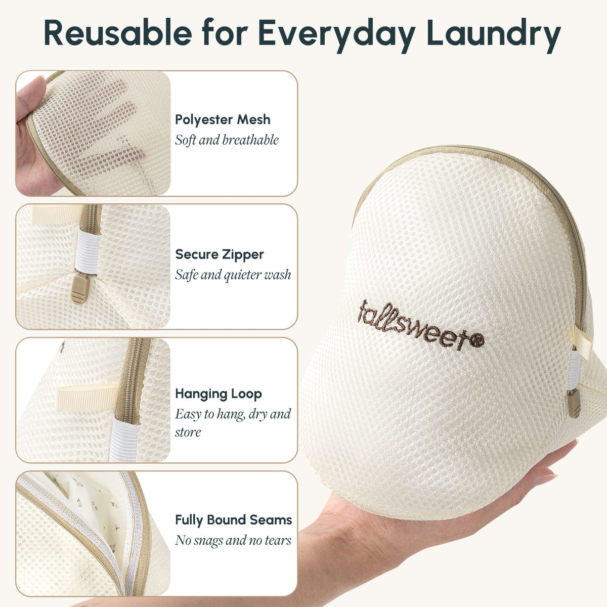 FallSweet beige FallSweet 3-Pack Mesh Laundry Bags for Delicates, Bra Laundry Bags, Reusable Wash Bags for Bras, Underwear & Socks
