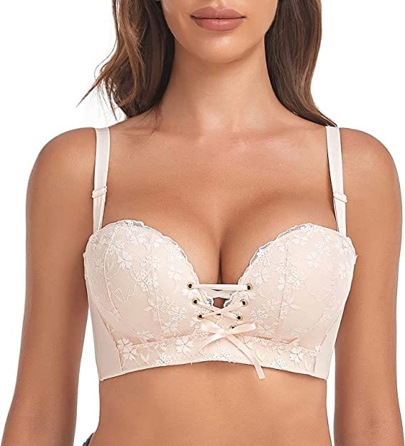 Front of Beige "Add Two Cups" Lace Wirefree Push Up Bra For Women FallSweet